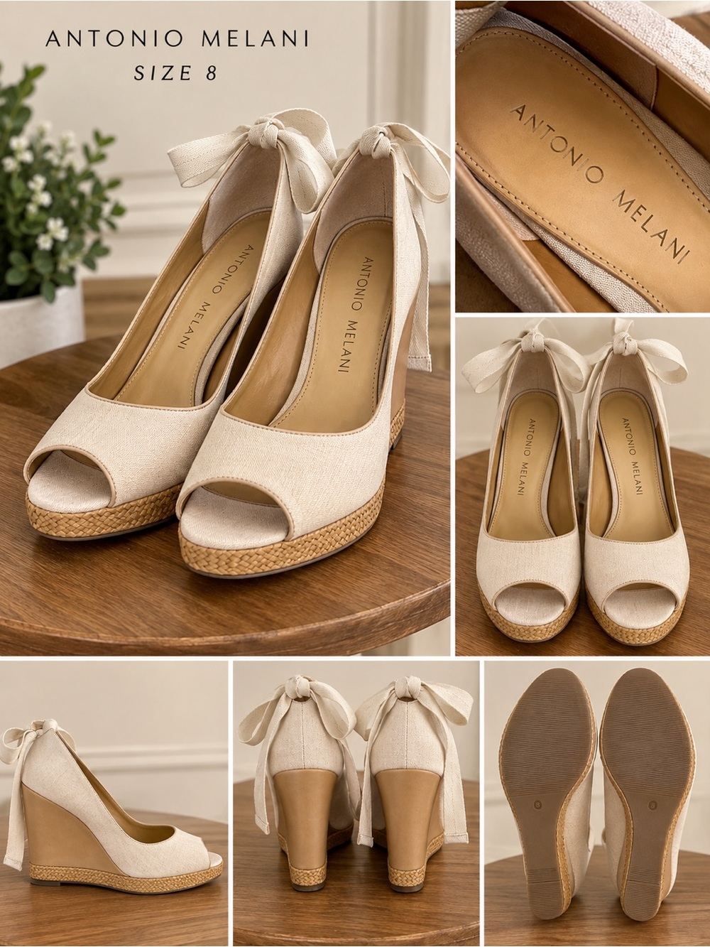 ANTONIO MELANI Cream Peep-Toe Wedge Sandals with Ankle Tie